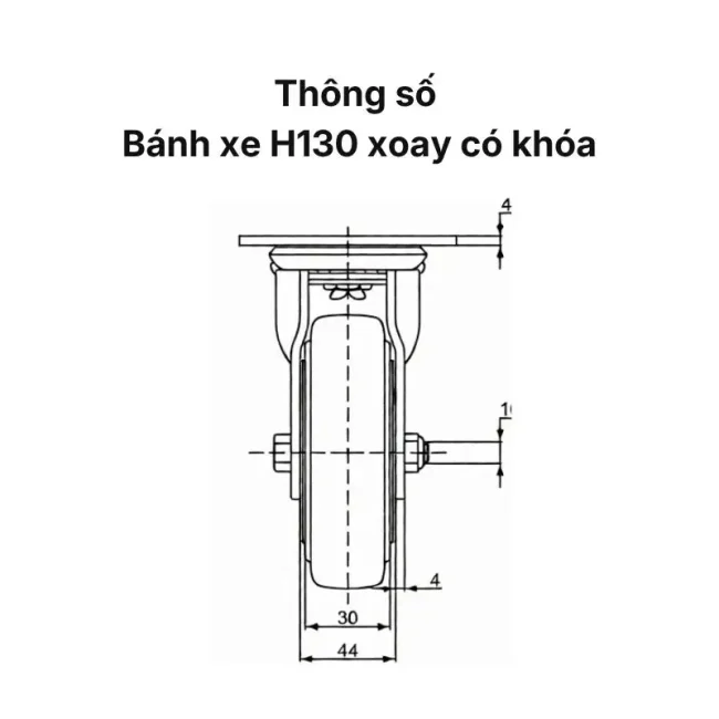 Thông số trực diện bánh xe H130 xoay có khóa
